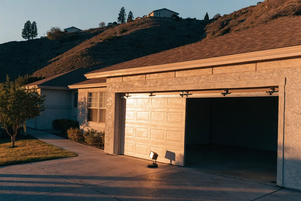 A garage door stuck part open after dark